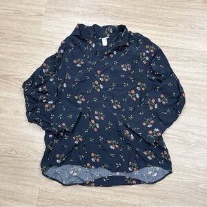 H&M Blue Tan Relaxed Blouse with Mandarin Collar